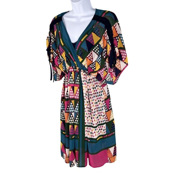 Maeve Anthropologie Womens Fit 4-6 Geometric Print Kimono Wrap Dress Artsy Fairy - Picture 6 of 14